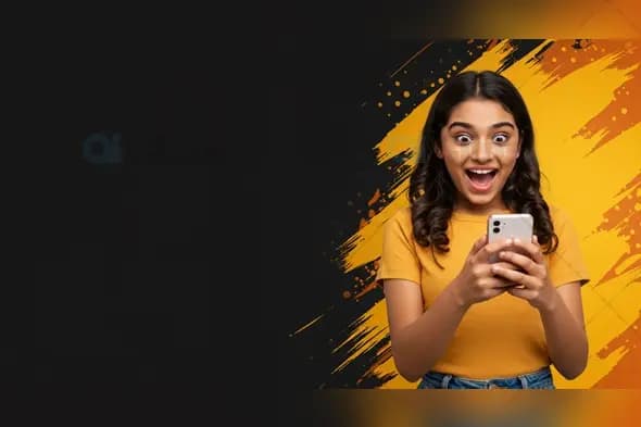 Excited Woman Using Smartphone on Black and Yellow Background