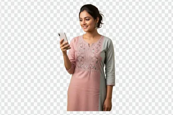 Smiling Indian Woman in Kurta Using Smartphone PNG Clipart