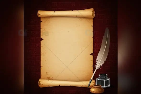Vintage Scroll with Quill and Inkwell on Sanskrit Background