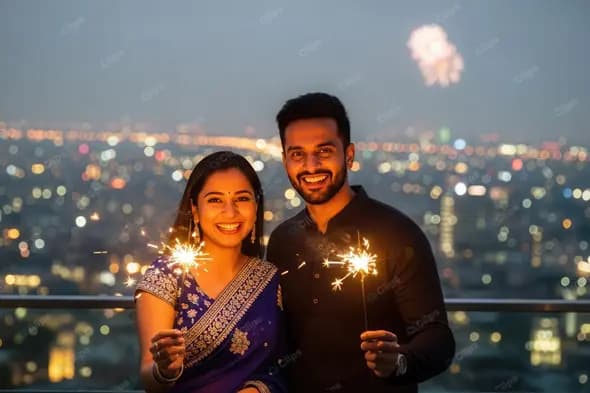 Joyful Indian Couple Celebrating with Sparklers Over City
