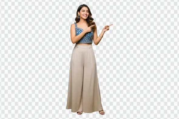 Smiling Indian Woman in Modern Ethnic Wear Pointing PNG