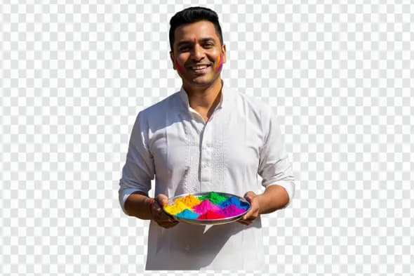 Joyful Man in Kurta Holding Holi Colors PNG Clipart