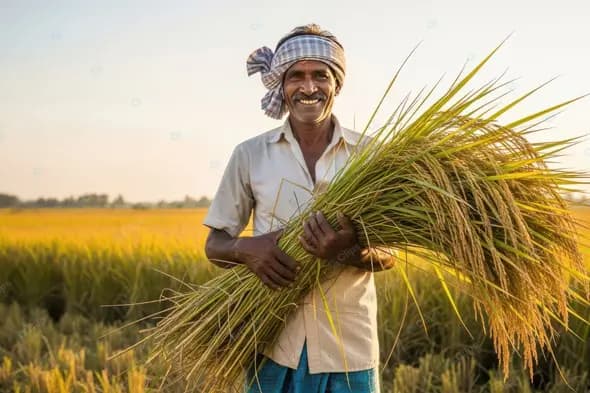 Contented Farmer with Golden Rice Harvest