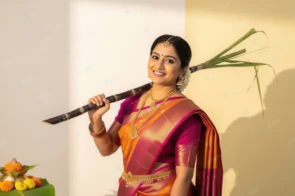 Radiant South Indian Woman with Sugarcane