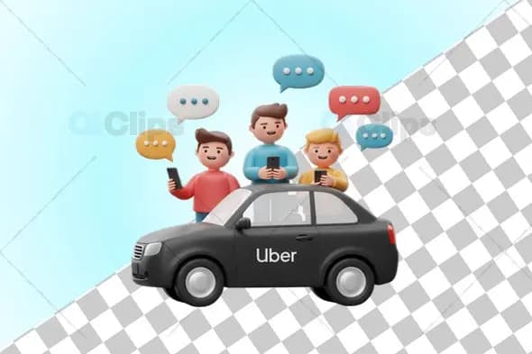 3D Uber Carpooling Illustration with Passengers and Chat Bubbles