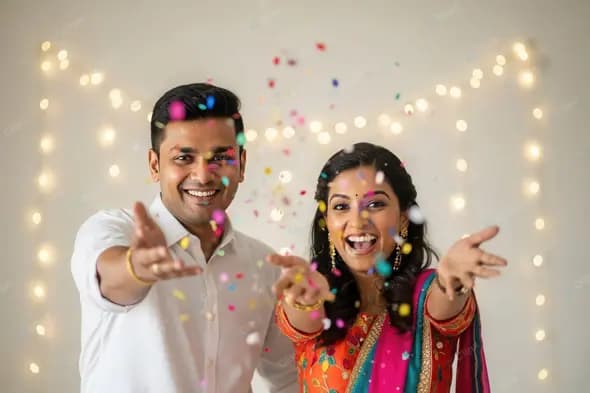 Ecstatic Indian Couple Throwing Confetti