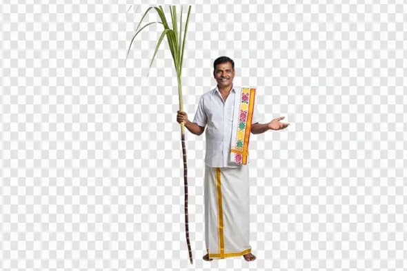 Welcoming South Indian Man in Veshti with Sugarcane PNG