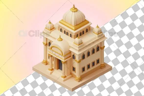 Isometric 3D Classical Bank Building with Ornate Domes