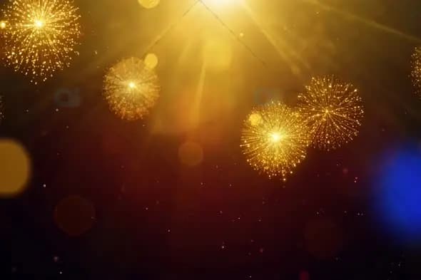 Golden Fireworks Display with Lens Flares on Dark Sky