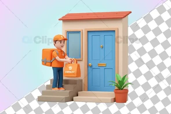 Swiggy-Themed Delivery Person 3D Illustration