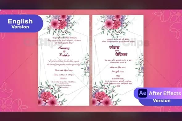 Elegant Pink Floral Wedding Invitation Marathi & English Template with Bilingual Text