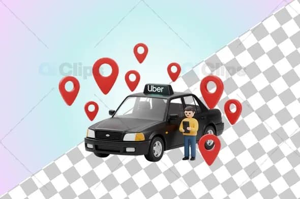 Uber Black Taxi with Driver and Location Markers 3D Illustration