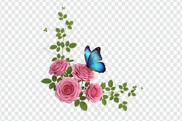 Vibrant Blue Butterfly on Pink Roses Corner Clipart