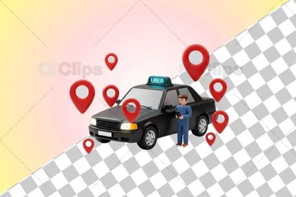 Uber Driver with Black Taxi and Location Markers 3D Illustration