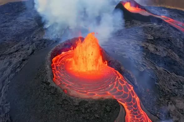 Volcanic Lava Fountain Eruption with Flowing Magma Stream
