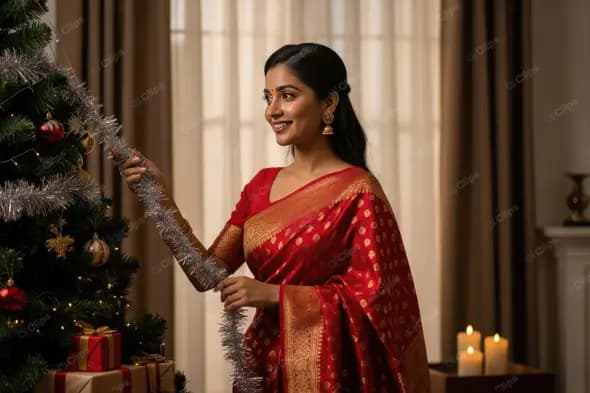 Elegant Indian Woman Celebrating Christmas