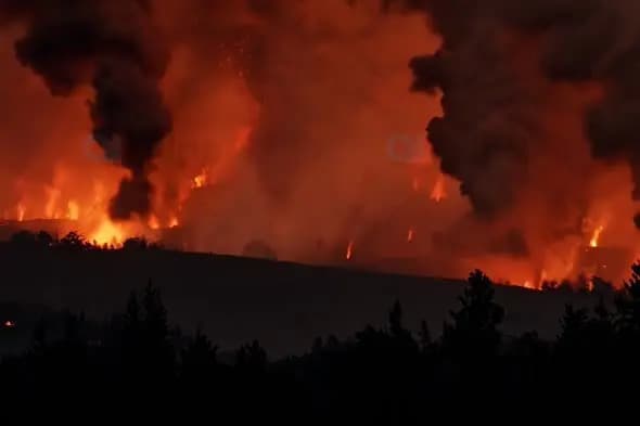 Raging Forest Fire with Multiple Flame Fronts at Night