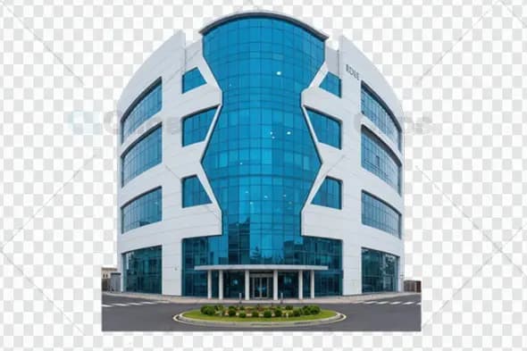 Modern Corporate Building with Curved Glass Facade and Geometric Design