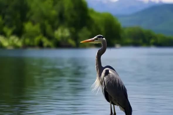 Majestic Great Blue Heron Standing in Mountain Lake