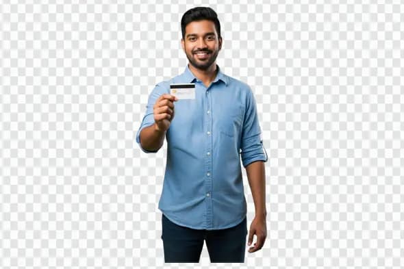Confident young Indian man showing credit card PNG