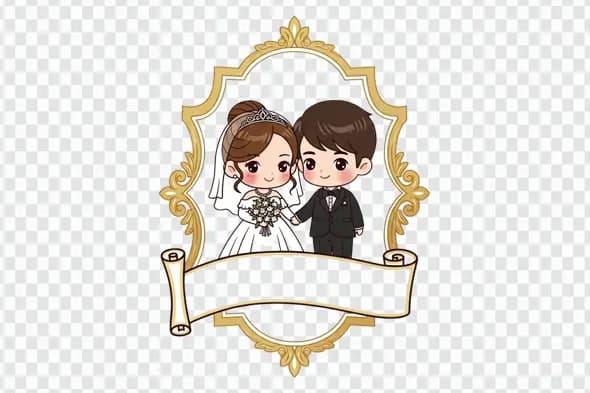 Sweet Cartoon Bride Groom in Vintage Frame Clipart