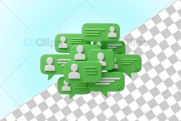 3D Green Chat Bubbles with User Icons and Text Lines