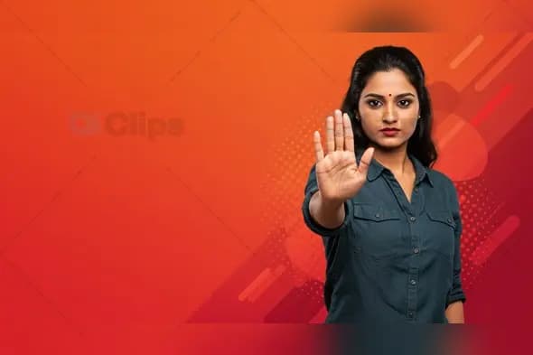 Indian Woman in Stop Gesture on Red-Orange Gradient Background