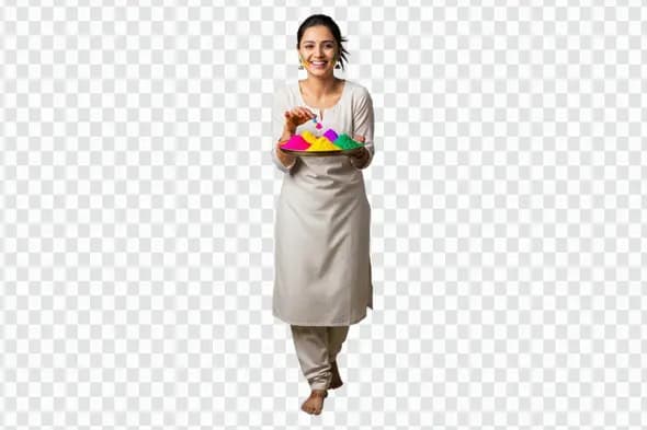 Young Indian Woman Holding Colorful Gulal Thali PNG