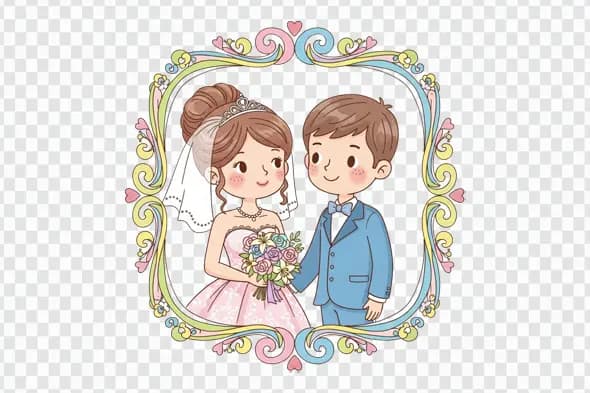 Charming Cartoon Wedding Couple in Ornate Frame Clipart PNG