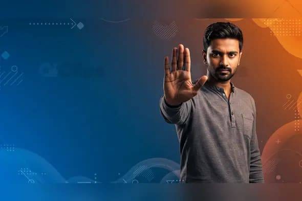 Indian Man Gesturing Stop on Blue and Orange Abstract Background