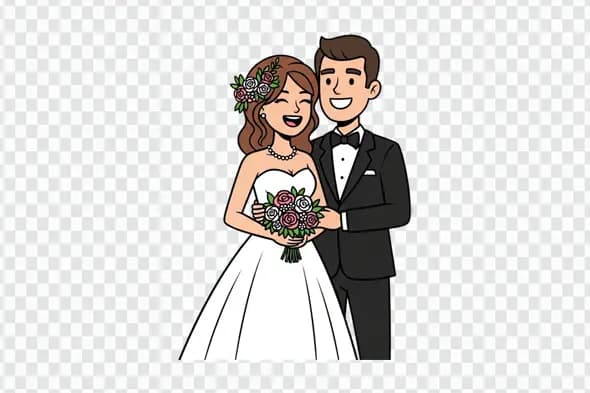 Joyful Bride and Groom Cartoon Wedding Portrait Clipart