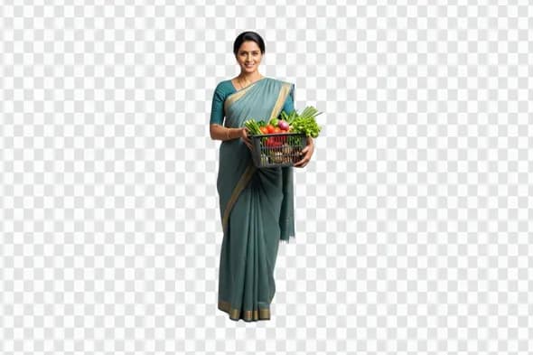 Smiling Indian Woman in Saree with Vegetable Basket PNG
