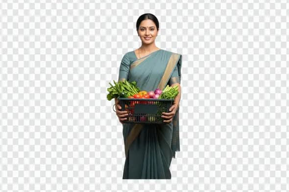 Indian Woman Holding Basket of Fresh Vegetables PNG