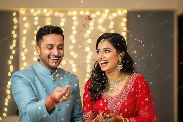Jubilant Indian Couple in Traditional Wear