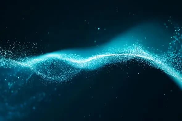 Flowing Cyan Particle Wave on Dark Background