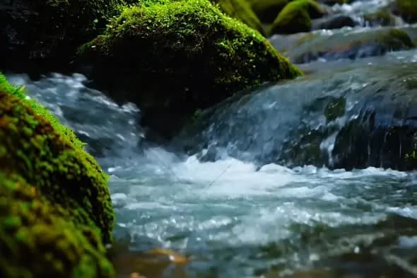 Mountain Stream Rushing Over Mossy Rocks in Close-up