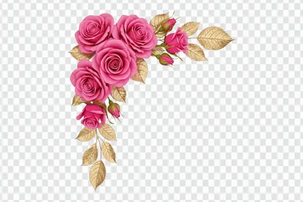 Luxurious Pink Roses with Golden Leaves Corner Clipart PNG