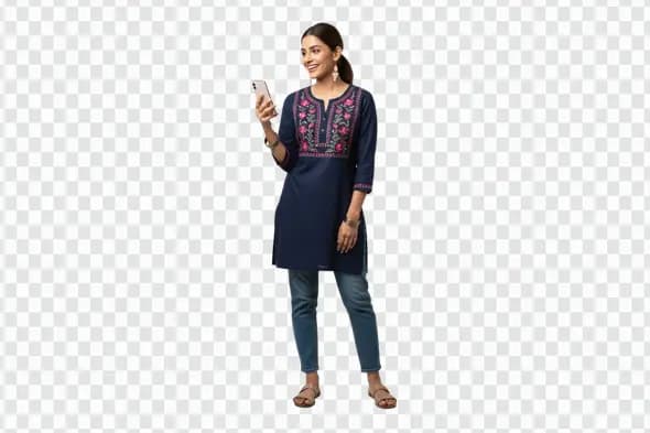Happy Indian Woman in Kurti Using Smartphone PNG