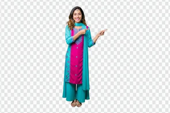Smiling Indian Woman in Traditional Attire Pointing PNG