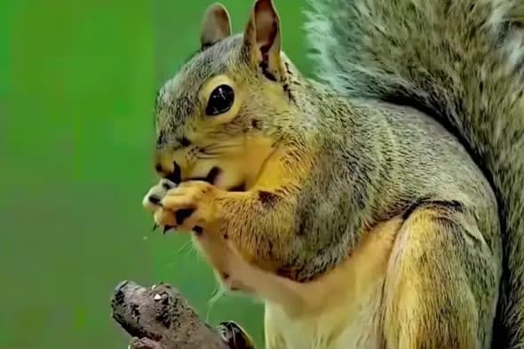 Eastern Gray Squirrel Eating Close-up Against Green Background