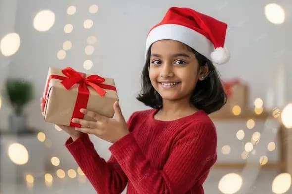 Festive Joy Indian Girl with Christmas Present