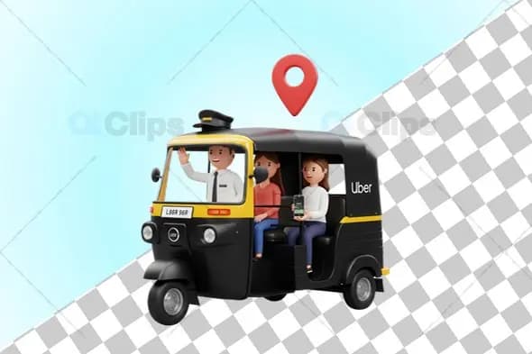 3D Uber Auto Rickshaw with Passengers and GPS Pin