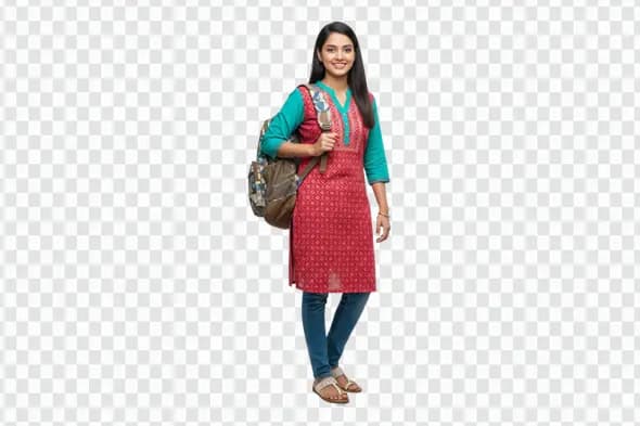 Smiling Indian Female Student with Backpack Clipart PNG