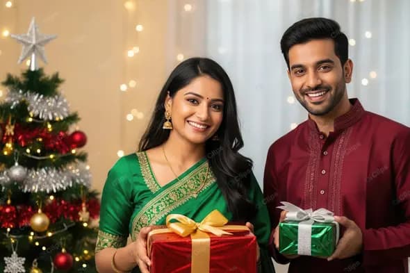 Portrait of Indian Couple with Christmas Gifts