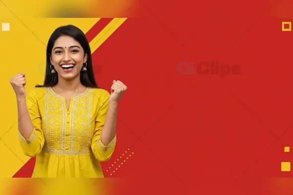 Cheerful Indian Woman in Yellow Kurta with Red Background