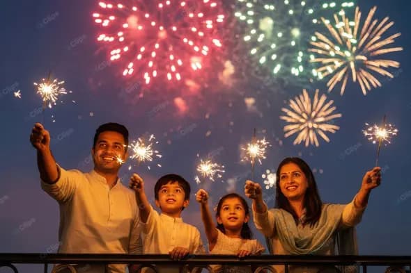 Radiant Indian Family Celebrating with Fireworks