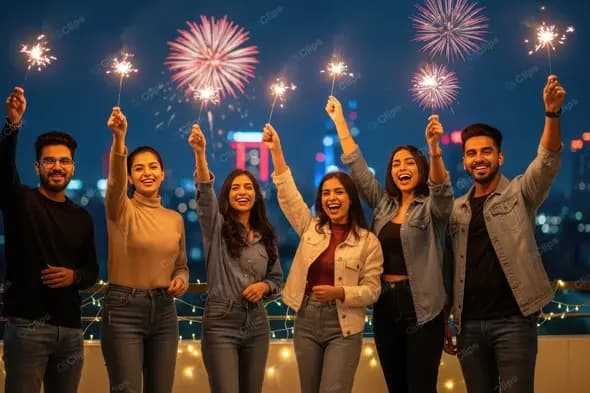 Young Friends with Sparklers on a City Rooftop