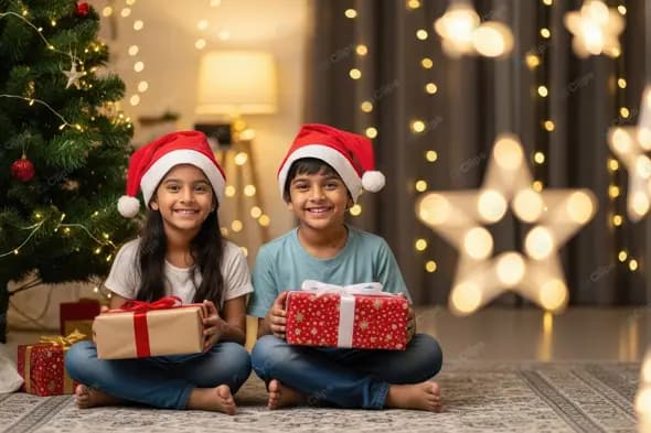 Festive Holiday Portrait of Young Siblings