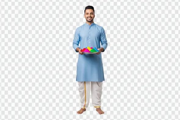 Indian Man in Kurta Holding Holi Colors Plate PNG