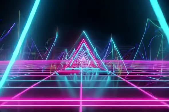 Neon Triangle Tunnel in Retro Synthwave Grid Landscape